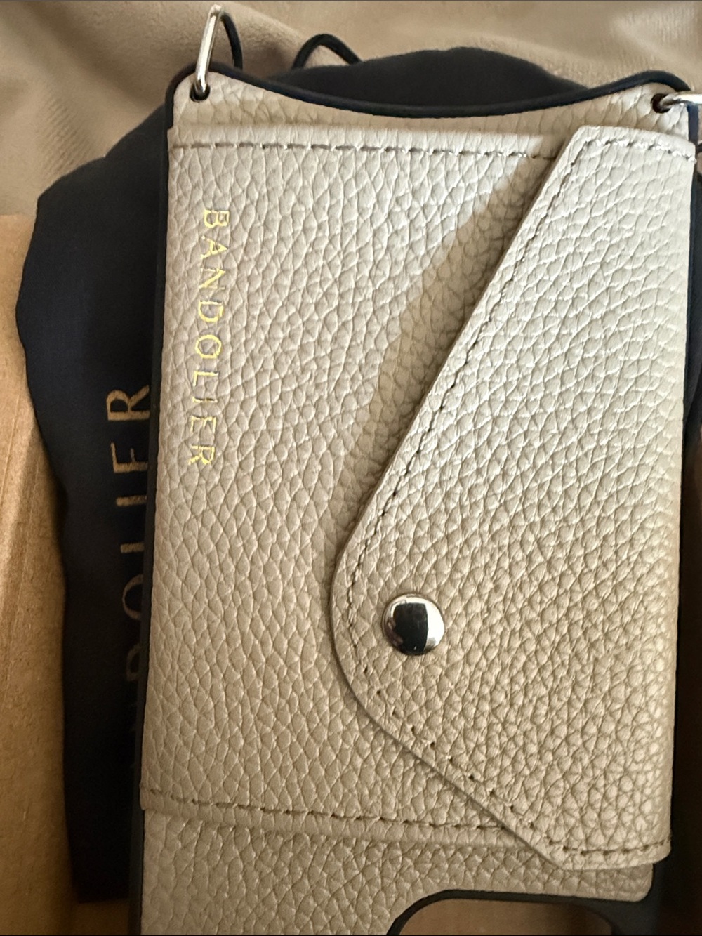Bandolier Beige Pebbled Leather Phone Crossbody with Gold Logo iPhone 12/12pro